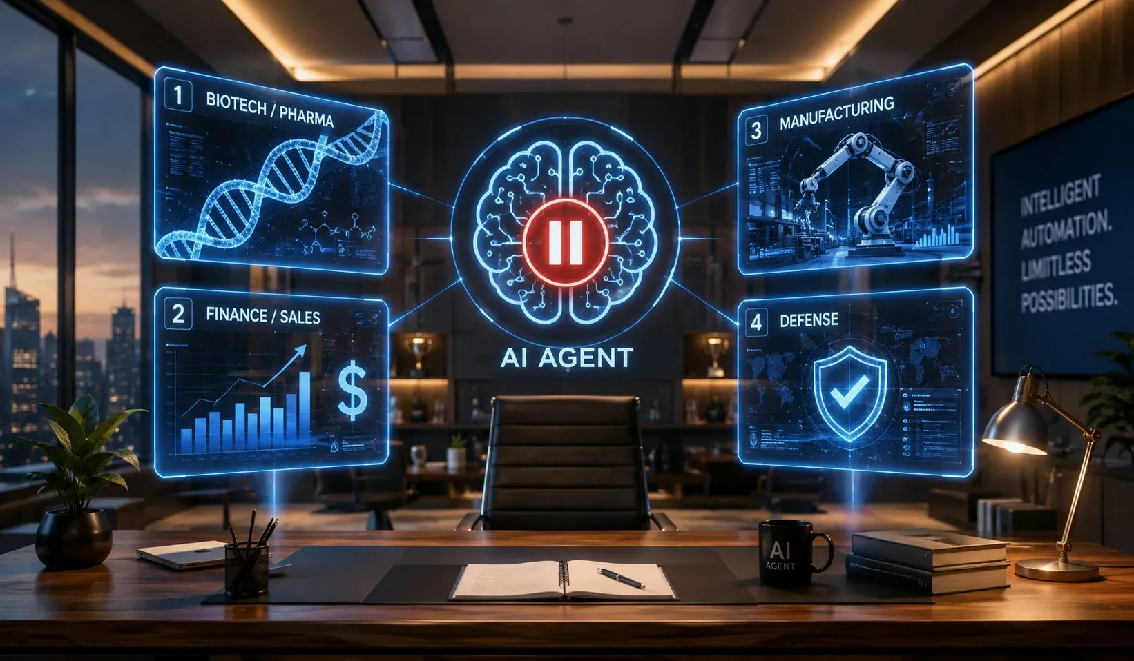 Illustration of a futuristic office with floating holographic screens representing different industries affected by the pause: Healthcare (biotech), Finance (sales), Manufacturing, and Defense, with a central AI agent glitch symbol.
