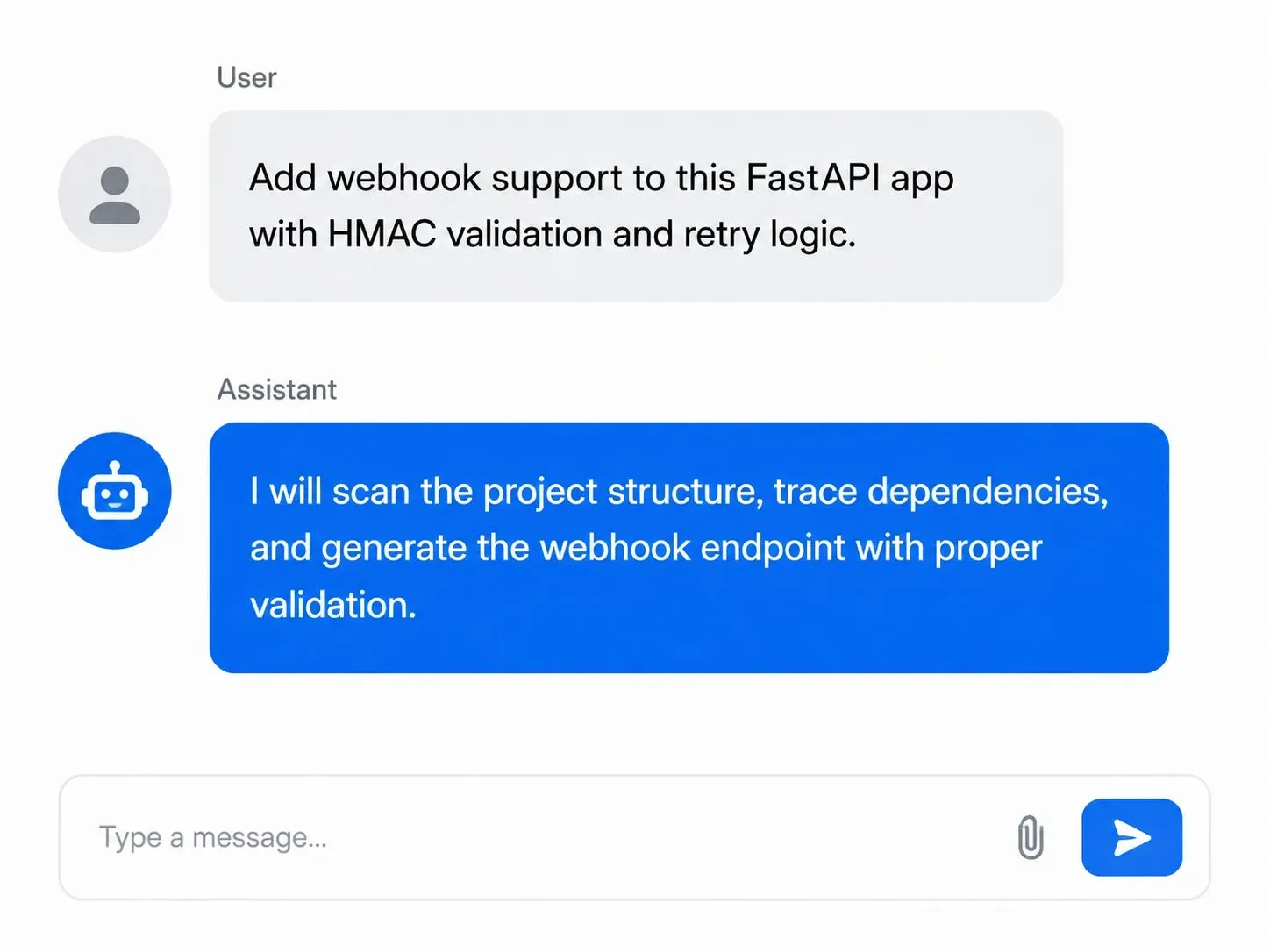 Chat interface showing the exact coding prompt used to test Antigravity, Claude Code, and Codex: 'Add webhook support to this FastAPI app with HMAC validation and retry logic.'