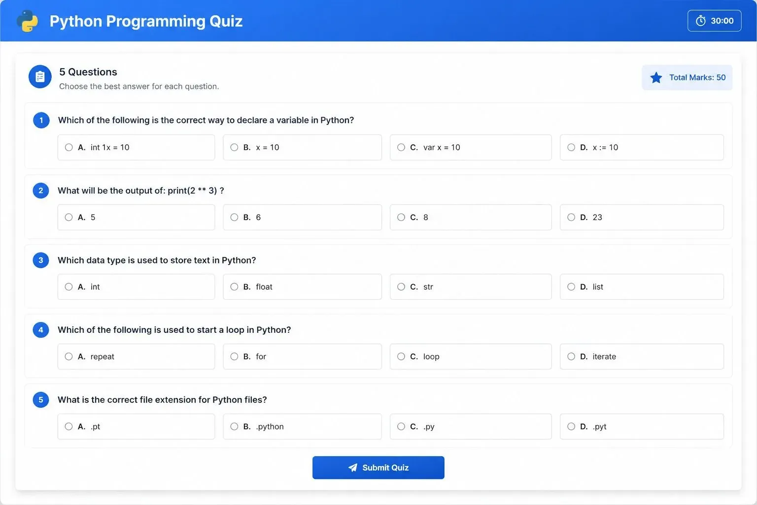 A computer screen showing a multiple-choice quiz about Python programming, generated by the OpenAI API, with questions, options A through D, and a 'Submit' button.