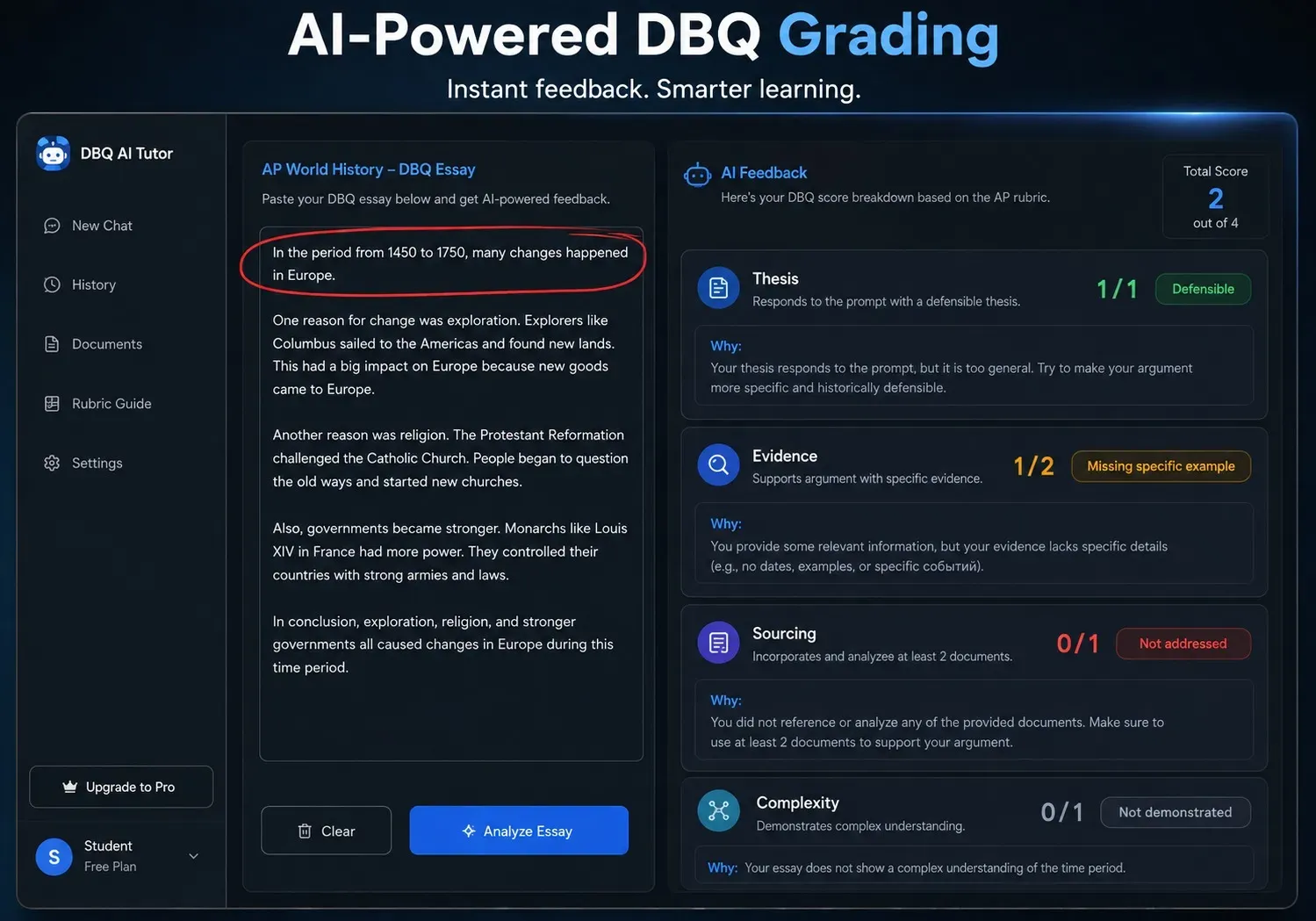 AI chatbot grading an AP World History DBQ essay, highlighting a weak thesis statement and showing a rubric score breakdown.