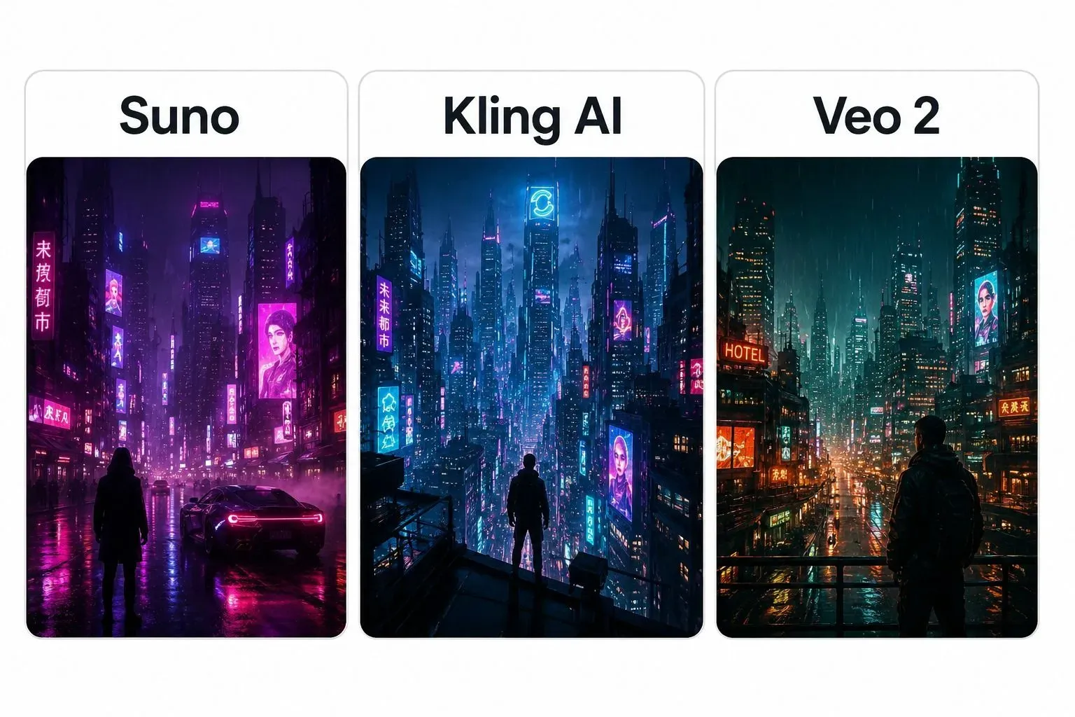 A 3-panel collage showing the same music prompt generated as a video by Suno, Kling AI, and Google Veo 2, demonstrating different visual styles and cinematic qualities.