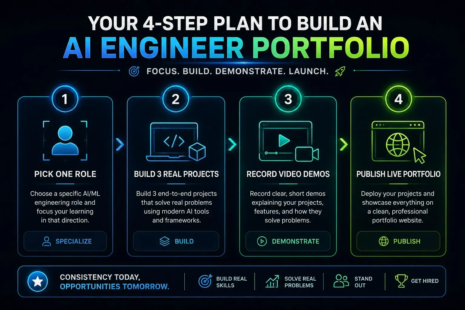 Four-step infographic roadmap for building an AI portfolio with real projects, video demos, and case studies