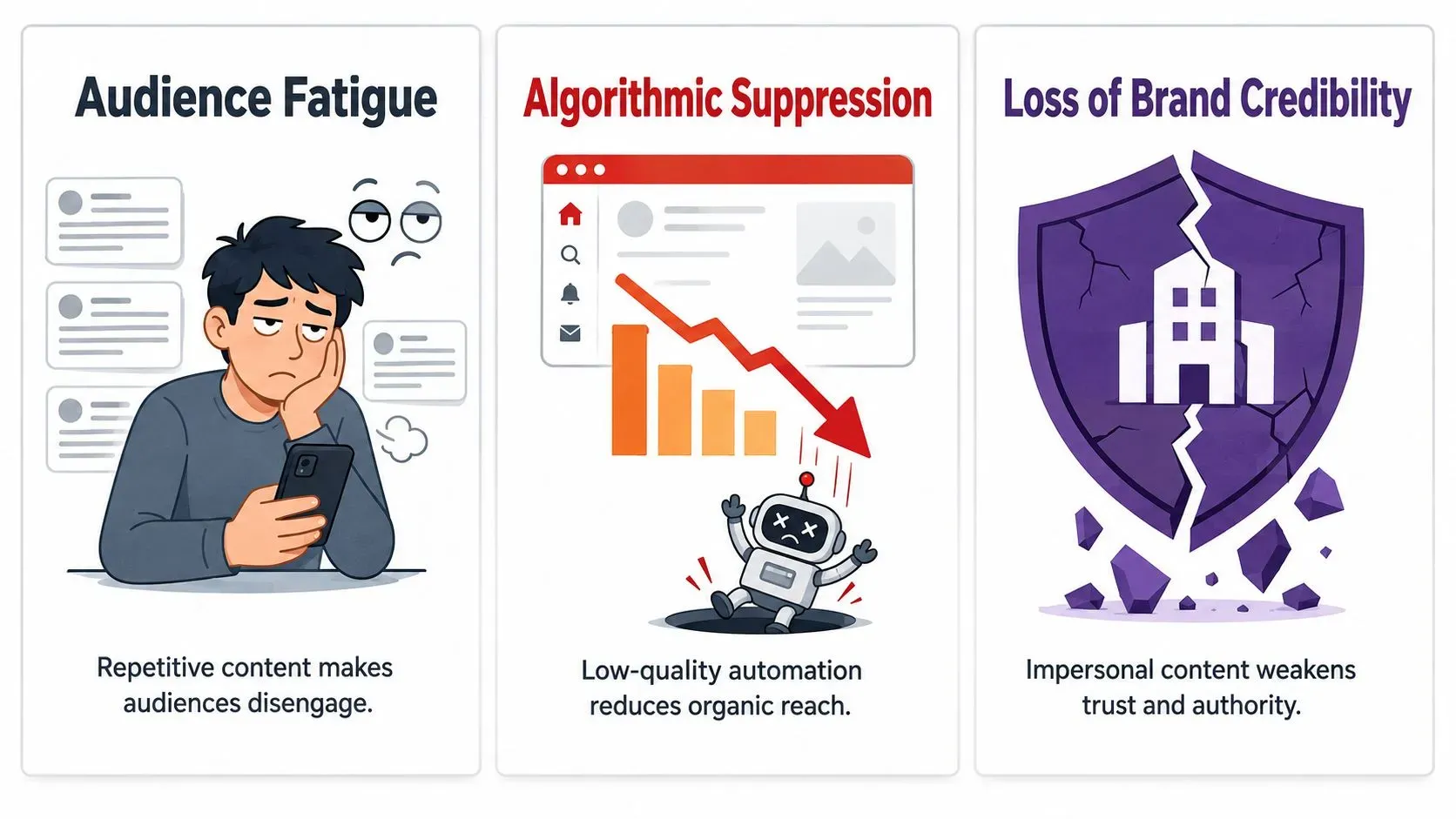 Infographic showing three reasons AI slop kills reach: audience fatigue, algorithmic suppression, and loss of brand credibility.