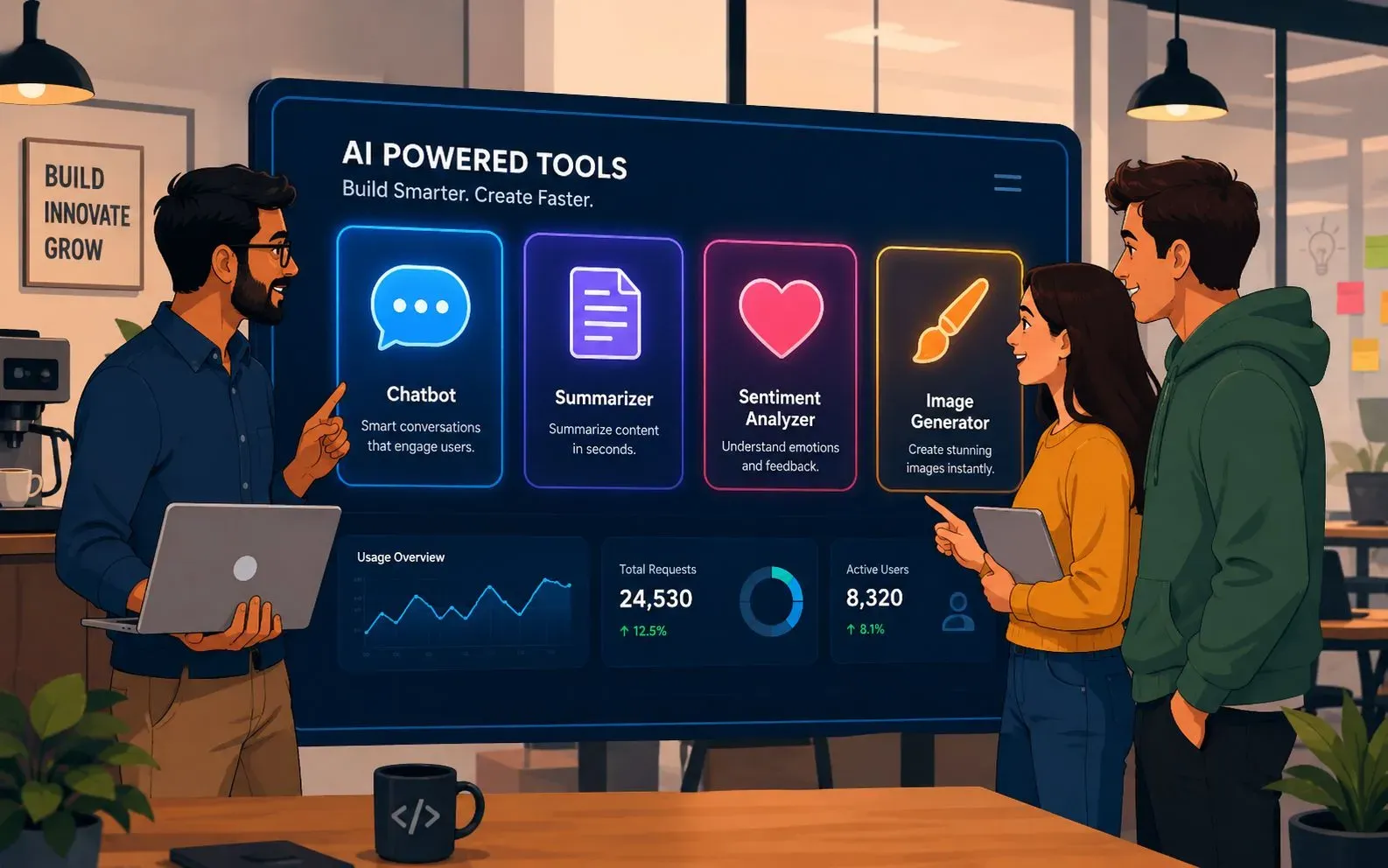 Illustration of a startup team of three professionals looking at a large dashboard that shows AI integration icons for a chatbot, summarizer, and sentiment analyzer.