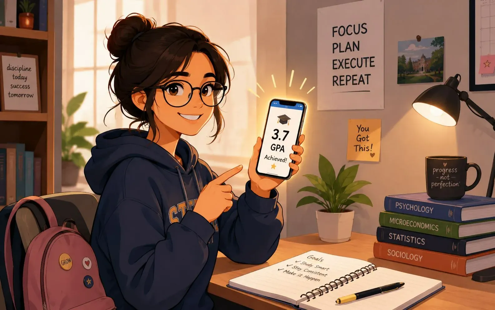 Illustration of a smiling college student holding a smartphone showing a '3.7 GPA' notification, representing success through AI study tools.