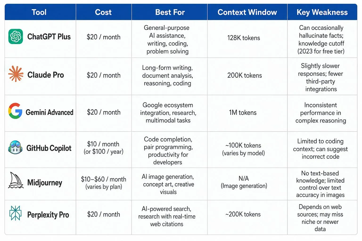 Comparison table of the major AI subscriptions in 2026: ChatGPT Plus, Claude Pro, Gemini Advanced, GitHub Copilot, Midjourney, and Perplexity Pro, comparing monthly cost, best use case, context window, and key weakness.
