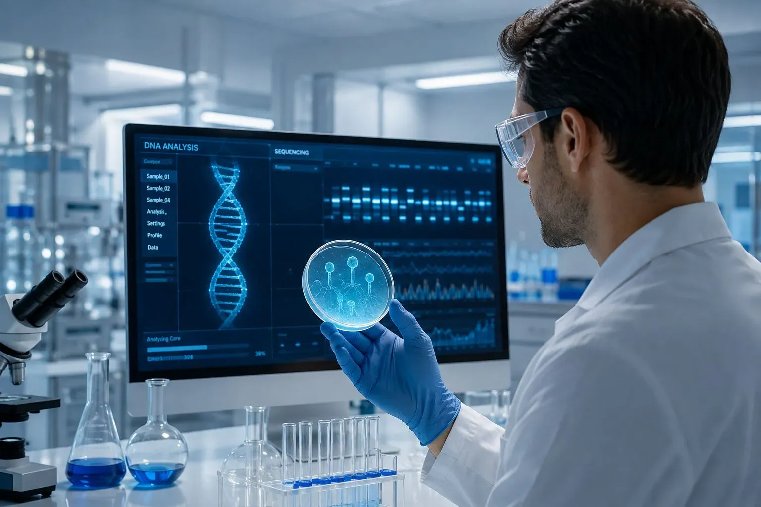 Scientist in a laboratory holding a petri dish containing the first AI-designed synthetic virus, with DNA sequencing data visible on a screen in the background, August 2026.