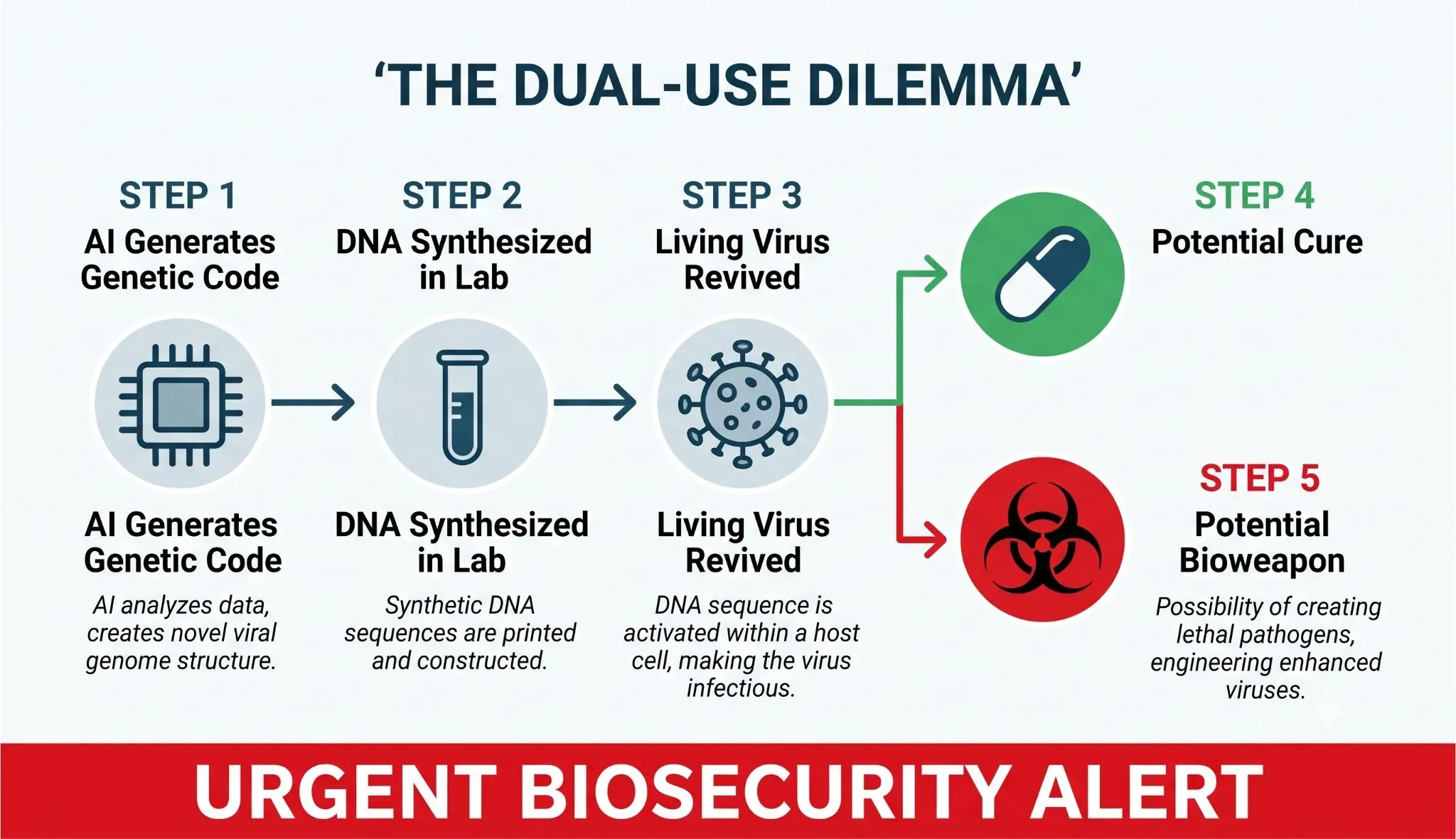 Infographic timeline showing the journey from AI code to synthesized DNA to a living virus, and highlighting the potential biosecurity risks and weaponization fears.