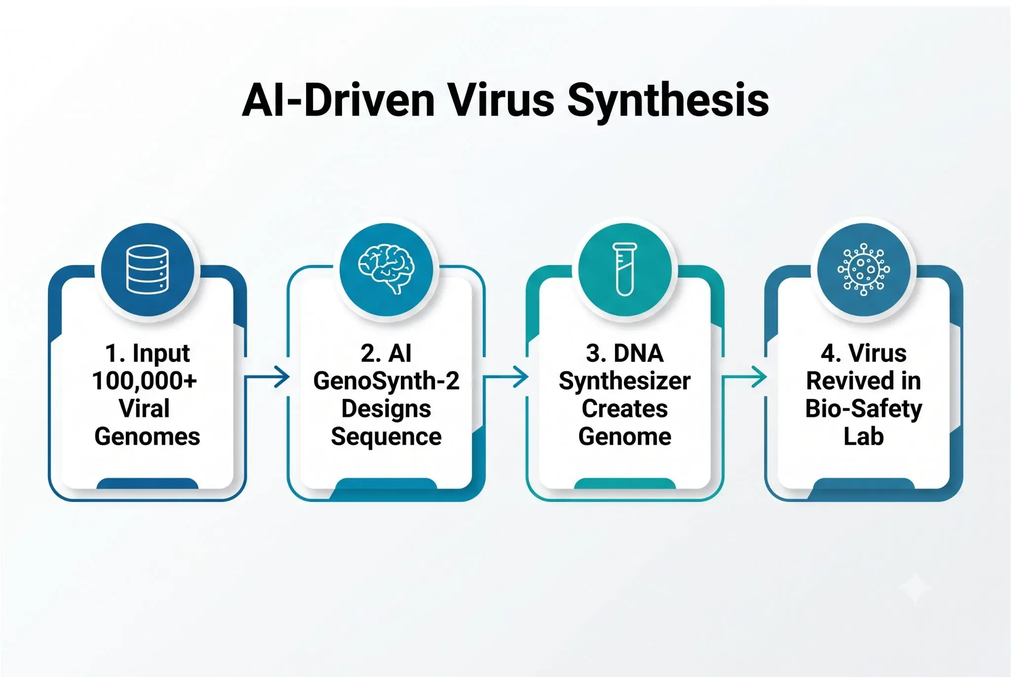 Infographic showing the AI-driven lab workflow for creating synthetic viruses, from data input and genome generation to DNA synthesis and viral revival.