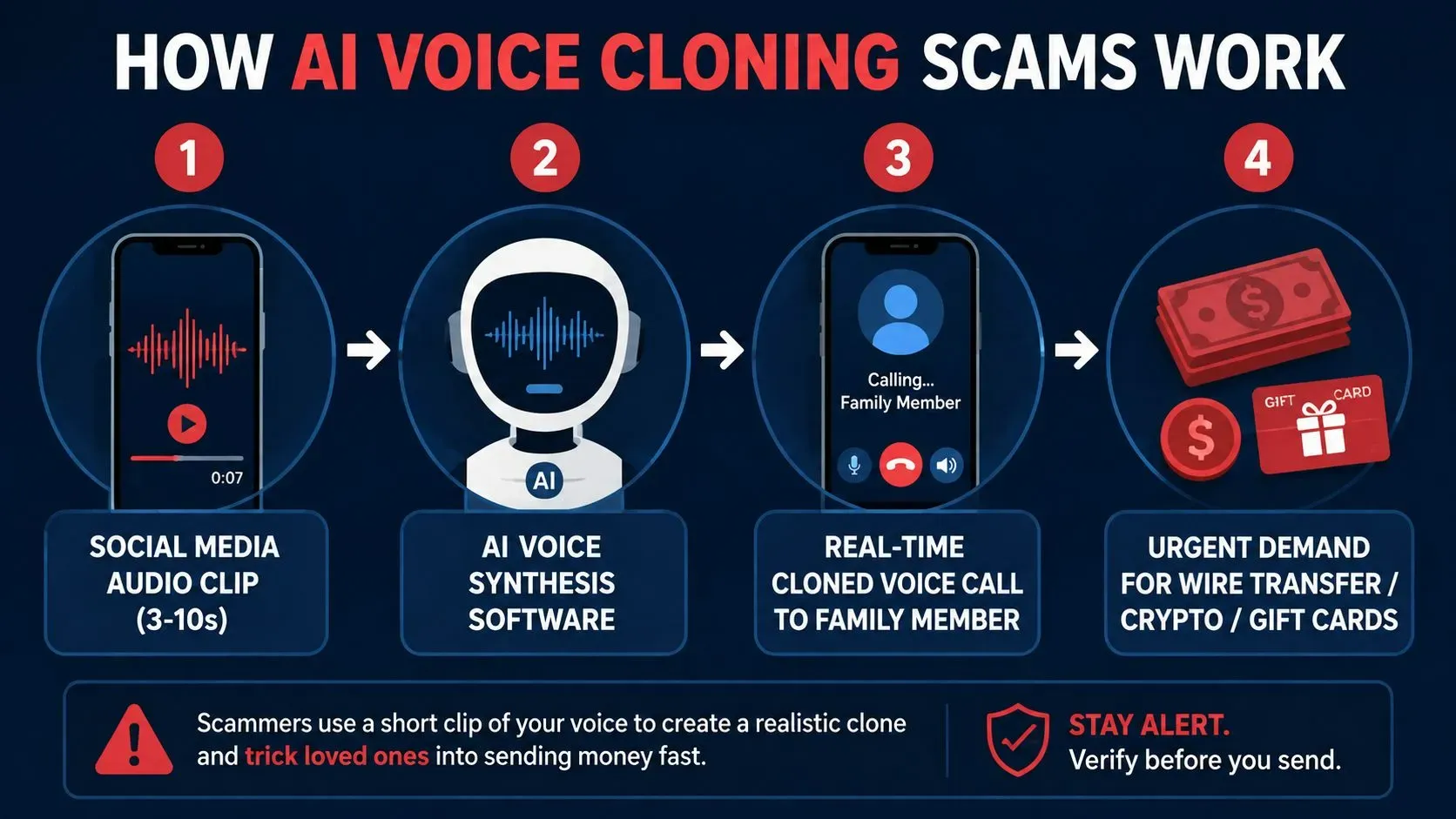 Infographic showing how social media audio clips are used to clone voices and target family members with urgent money demands.