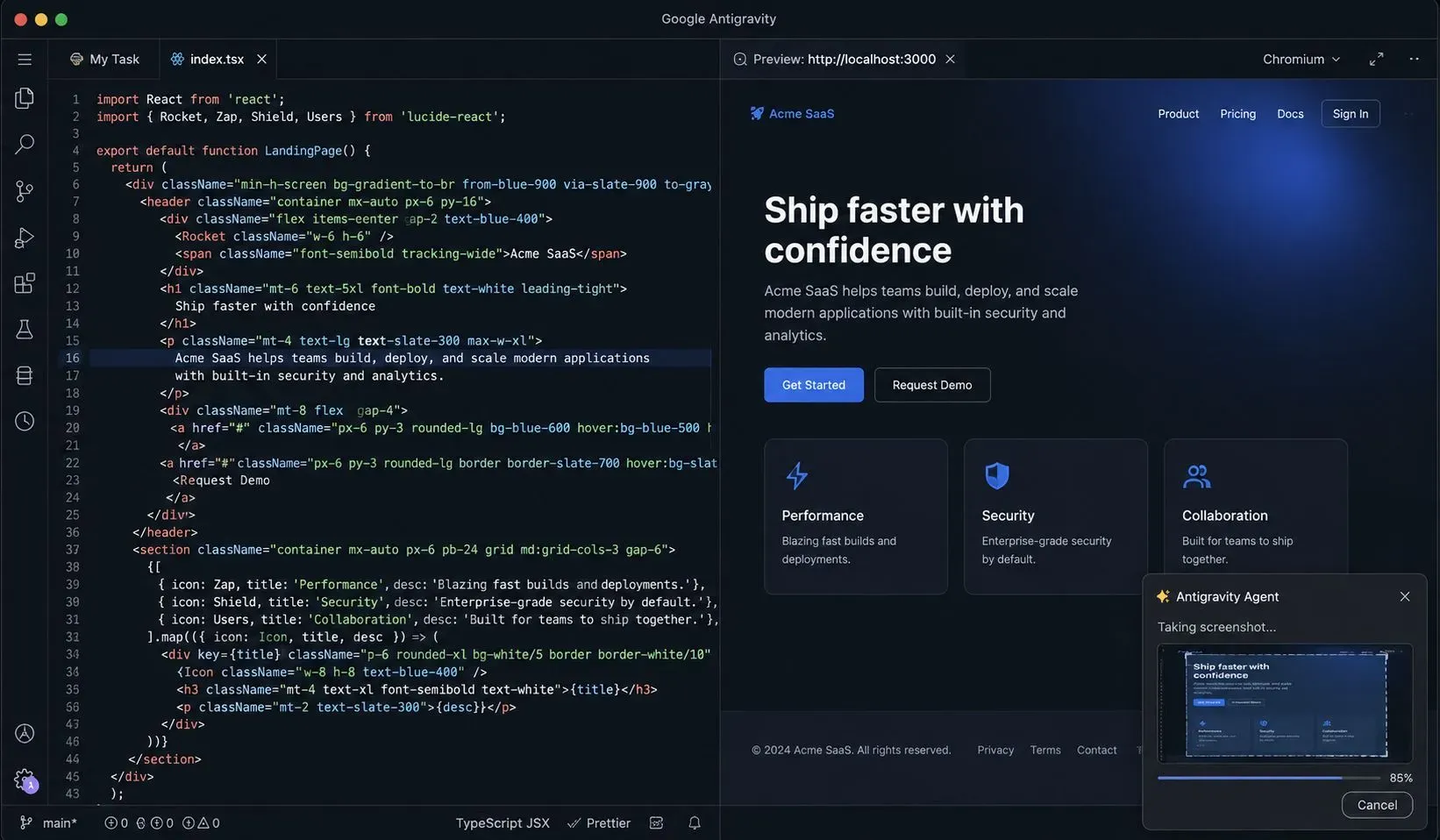 Google Antigravity's built-in Chromium browser testing a React frontend UI. The agent navigates the page, captures screenshots, and visually verifies that the generated code works correctly.