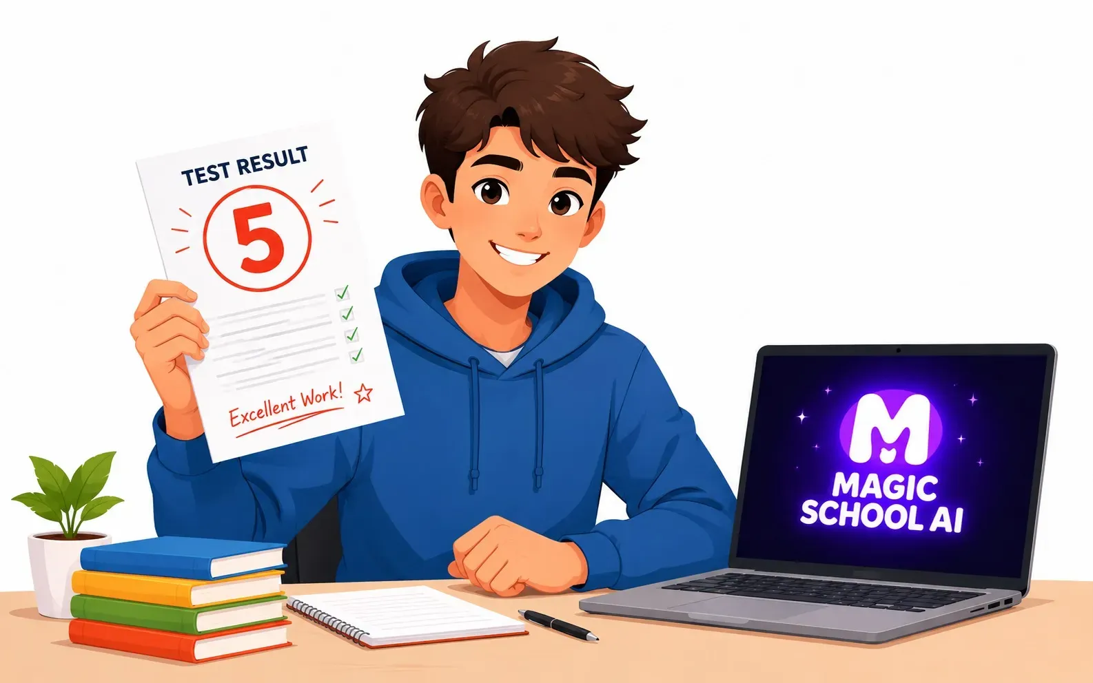 Case study illustration of a high school student smiling after raising their AP World History score from a 3 to a 5 by using Magic School AI for DBQ practice.