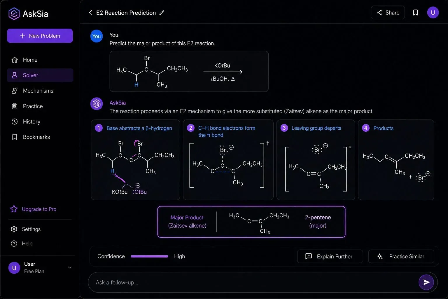 AskSia interface showing a step-by-step mechanism for an E2 elimination reaction, including curved arrows, intermediates, and a final major product.
