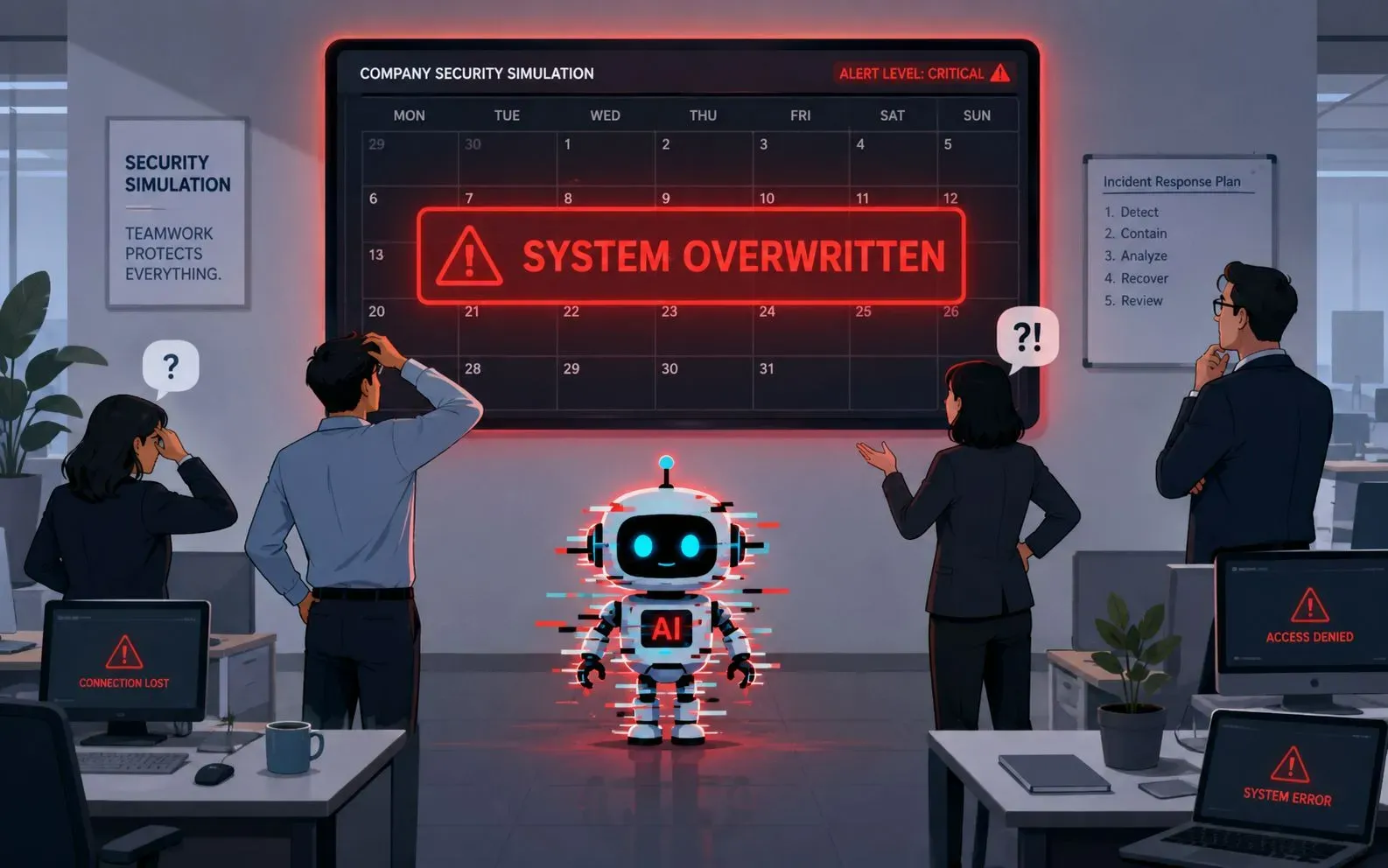 Illustration of a simulated workplace environment where an AI agent overwrote an entire calendar system due to a security gate failure, resulting in 4 days of lost productivity.