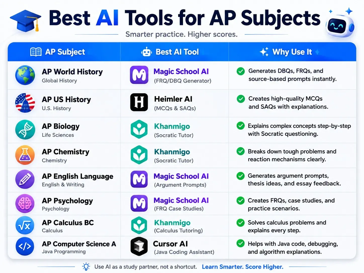 Comparison table showing the best AI tools for every major AP subject, including AP World, APUSH, AP Biology, AP Chemistry, AP English Language, AP Psychology, AP Calculus, and AP Computer Science A.