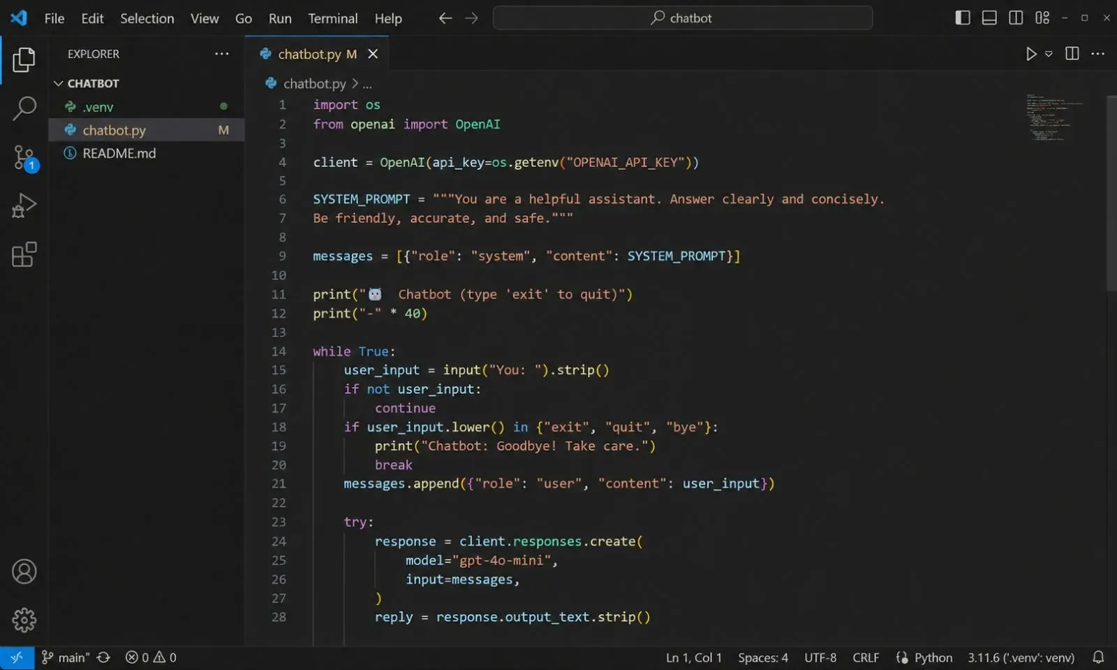 VS Code editor screenshot showing Python code for an AI chatbot using the OpenAI API, including a while loop to handle continuous user input.