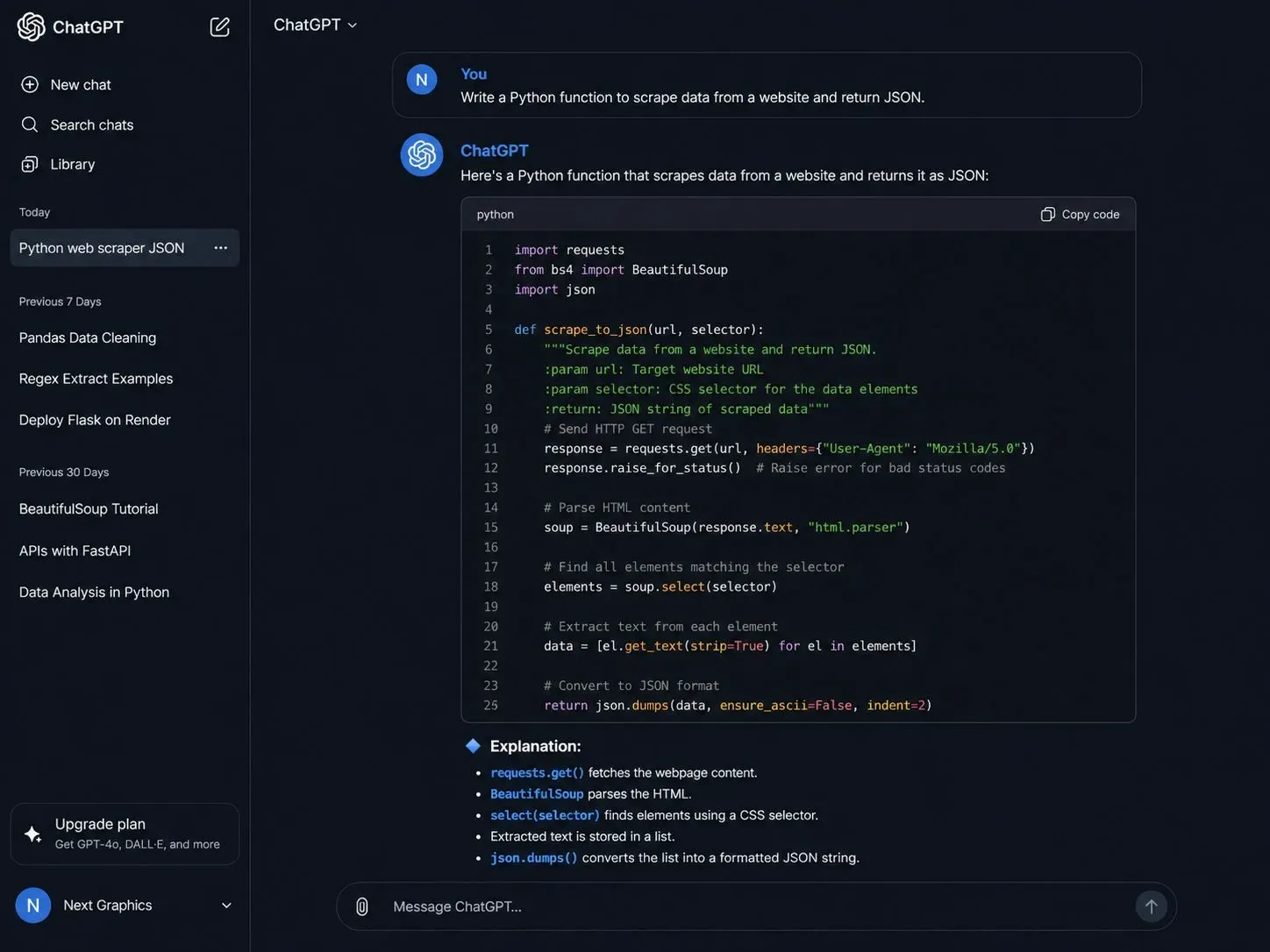 ChatGPT interface showing a developer asking for a complex Python function, and ChatGPT responding with production-ready code, inline comments, and a detailed explanation of the logic.