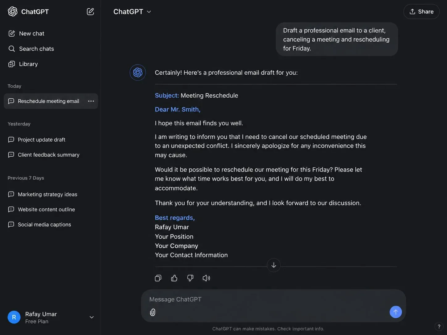 ChatGPT dark-mode interface showing a user asking to draft a professional email to a client, and the AI generating a complete, ready-to-send email with subject line and body.