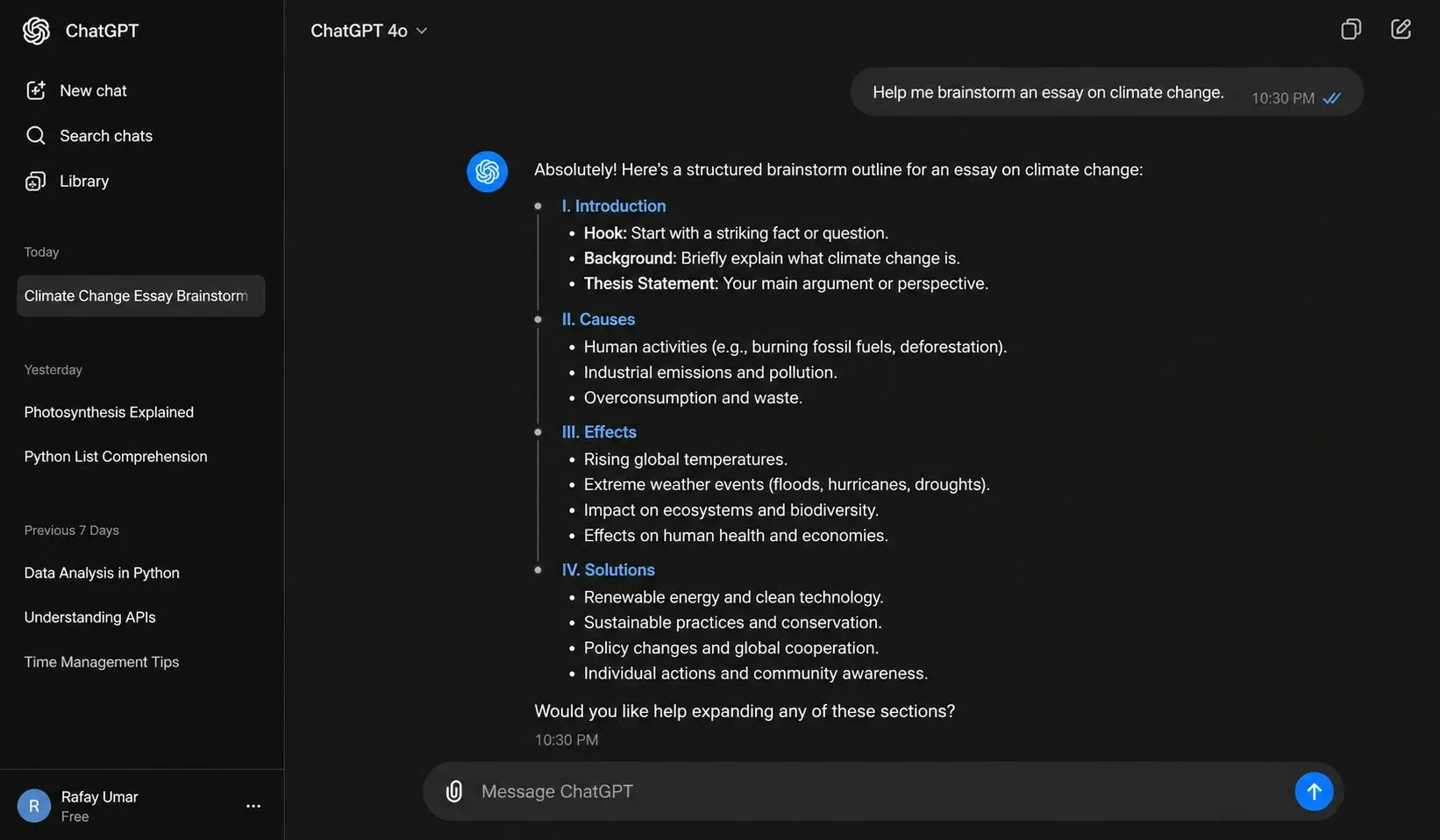 ChatGPT dark-mode interface showing a student brainstorming an essay outline on climate change, with the AI generating bullet points and topic sentences.