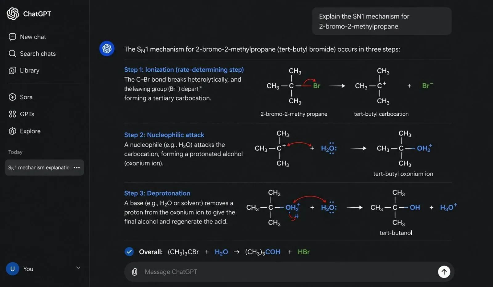 ChatGPT interface showing a detailed step-by-step explanation of an SN1 reaction mechanism with curved electron arrows and formal charges.