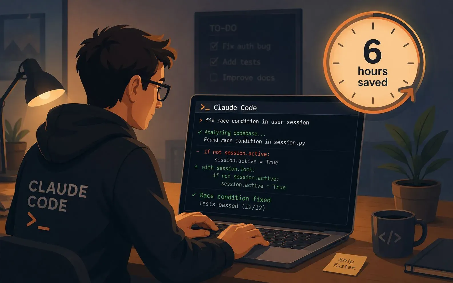 Case study illustration of a fintech startup developer using Claude Code to trace a payment processing race condition across 15 files, saving 6 hours of manual debugging work.