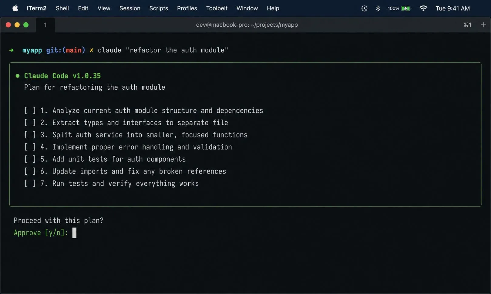 Claude Code terminal CLI session showing an AI agent planning and refactoring a Python codebase with explicit developer approval steps.