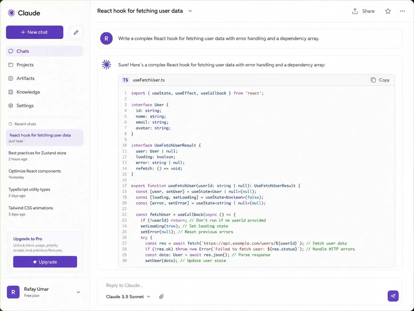 Claude AI chat interface showing a user asking for a complex React hook, and Claude responding with production-ready code, inline comments, and explanations of the dependency array.