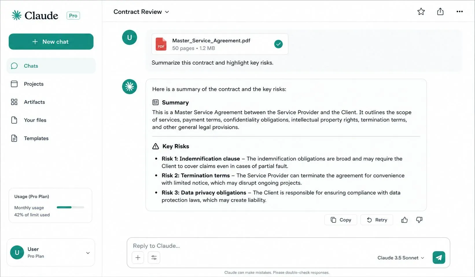 Claude Pro interface showing a 50-page PDF contract uploaded and analyzed, with the AI summarizing key risks, clauses, and obligations in a clear bulleted list.