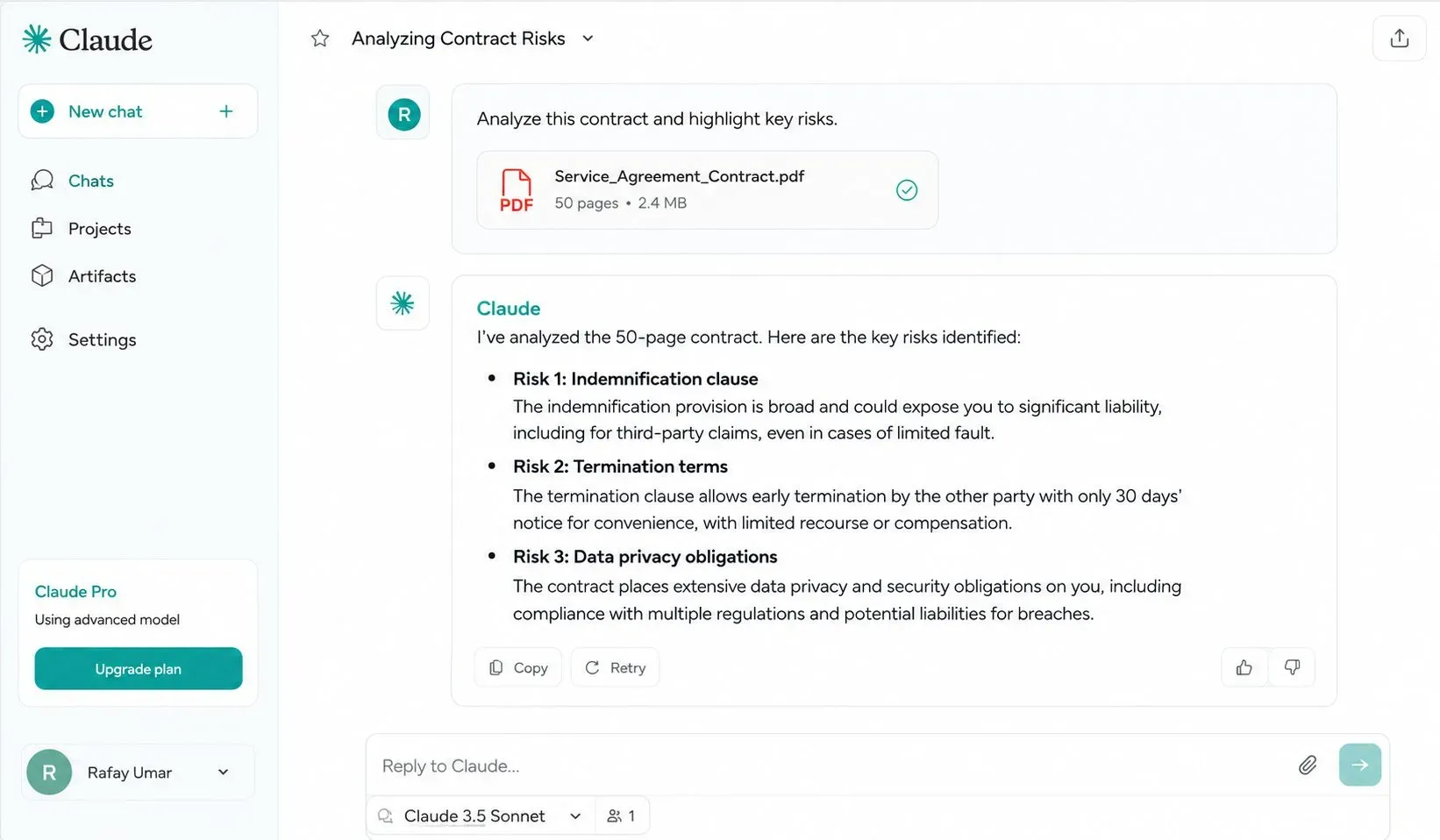 Claude AI interface showing a 50-page legal contract being uploaded and analyzed, with the AI summarizing key risks and clauses in a clear, bulleted list.