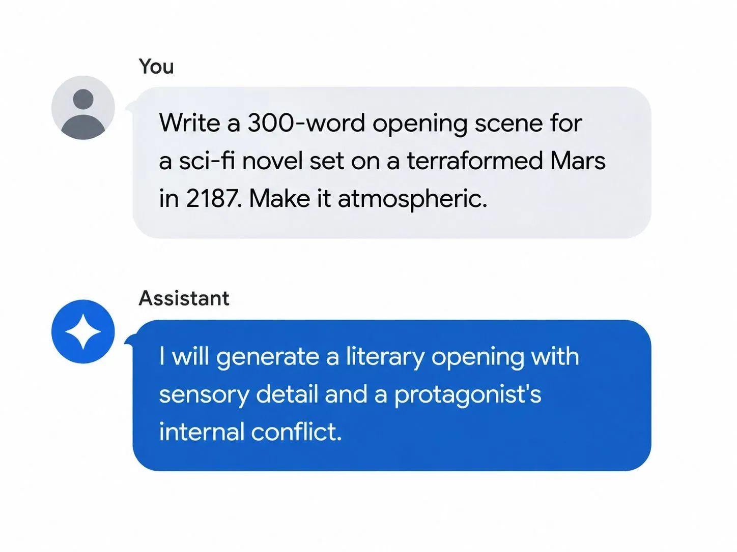 Chat interface showing the exact creative writing prompt used to test all AI tools: 'Write a 300-word opening scene for a sci-fi novel set on a terraformed Mars in 2187.'