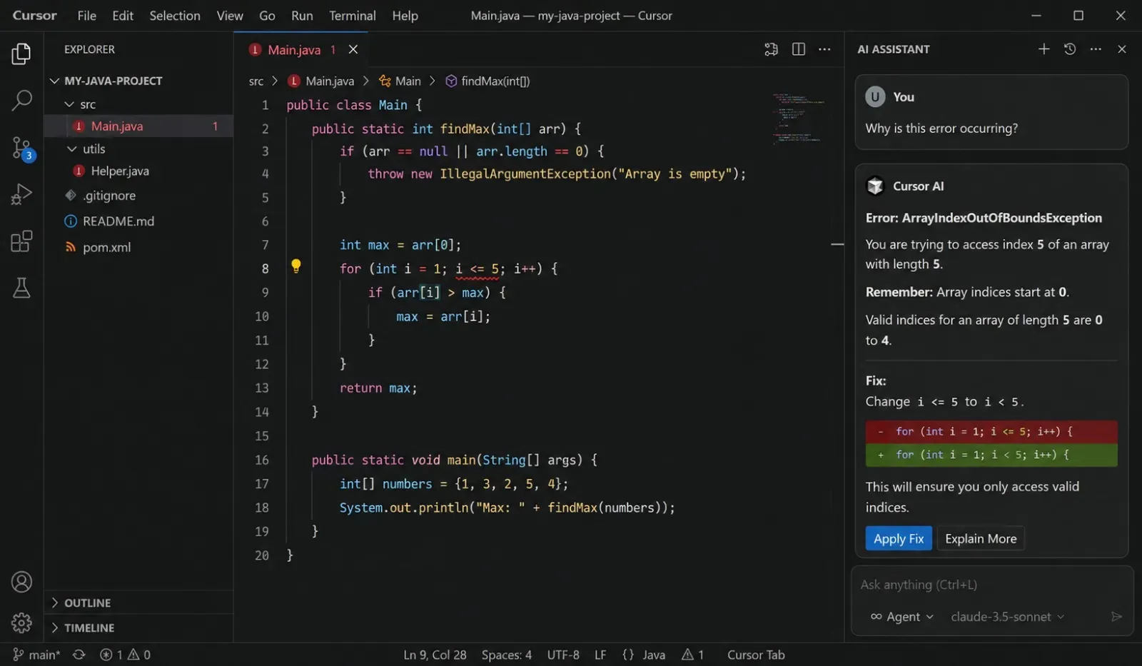 Cursor AI editor screenshot showing a Java debugging session for AP Computer Science A, with a red error underline and an AI explanation box.