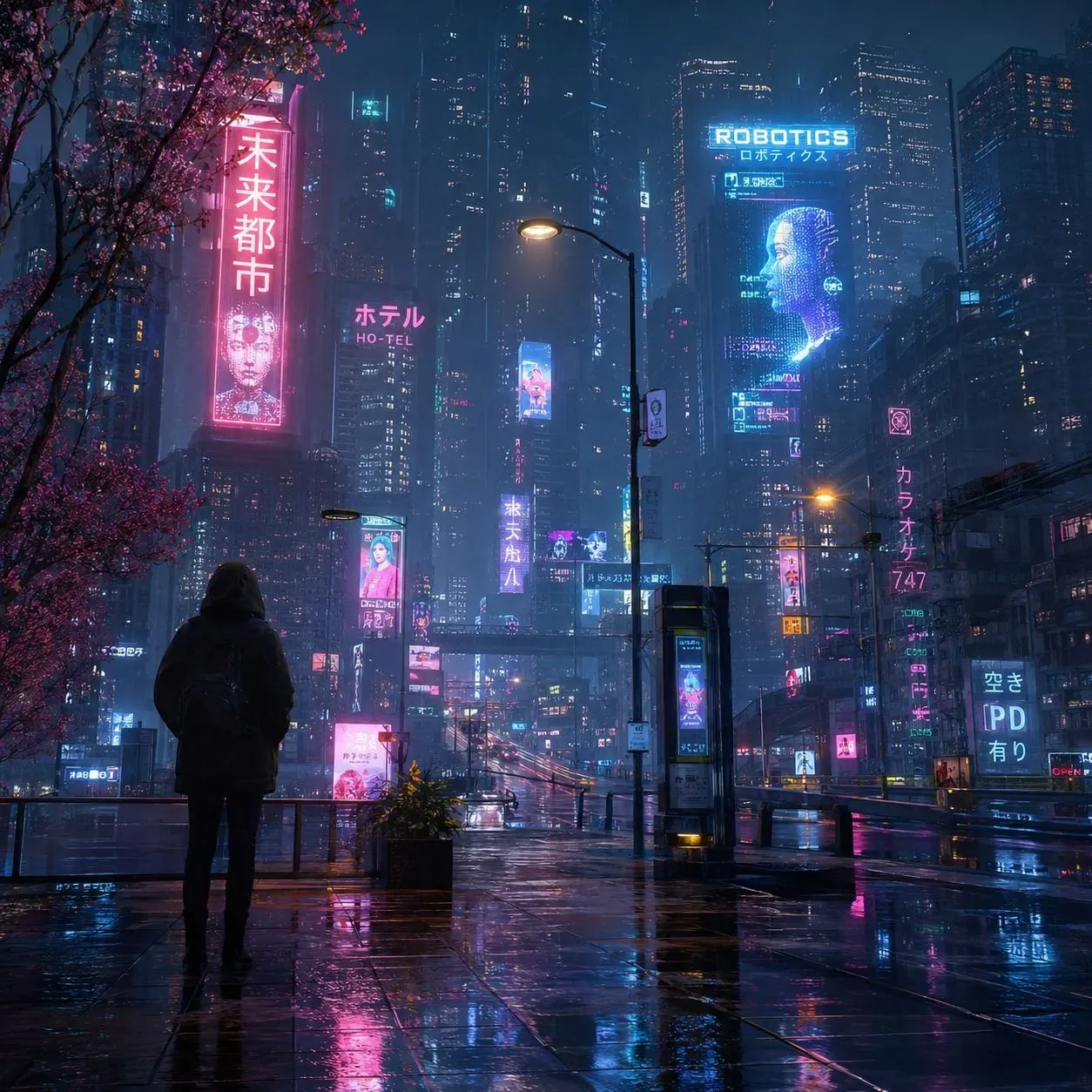 A serene cyberpunk city at night generated by DALL-E 3, featuring neon lights reflecting on wet streets, futuristic skyscrapers, and a glowing purple sky.