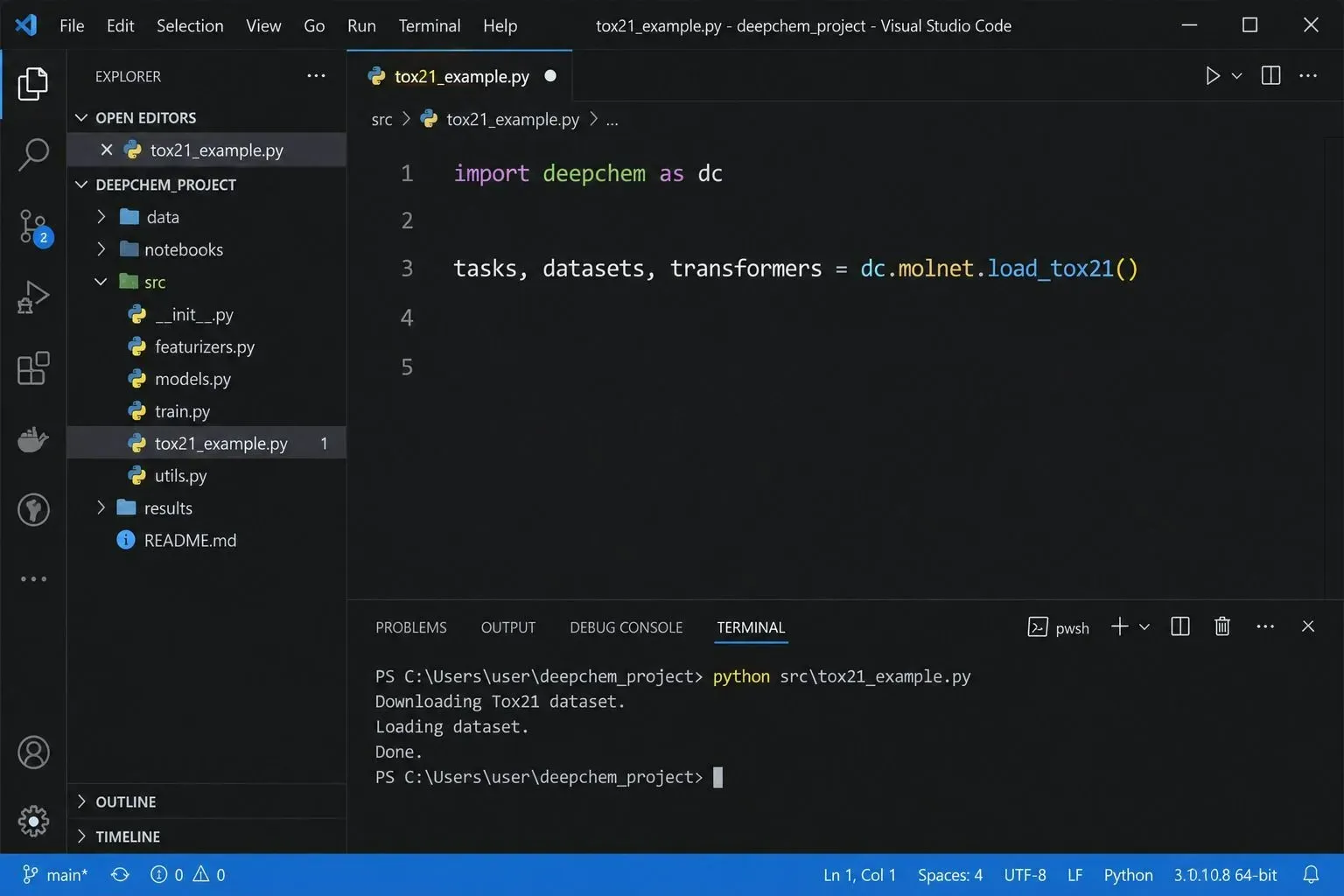 VS Code screenshot showing a Python code snippet loading a molecular dataset using the DeepChem open-source library for custom AI chemistry models.