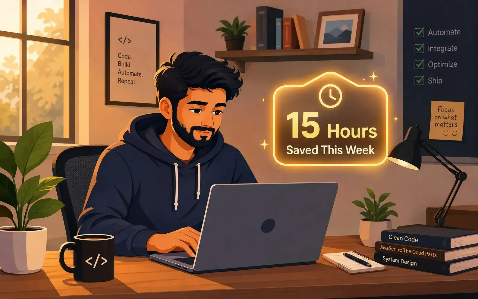 Illustration of a freelance software developer working on a laptop, with a glowing '15 Hours Saved This Week' badge floating above him, representing the time saved by GitHub Copilot.