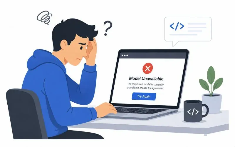 Illustration of a stressed developer sitting at a laptop with a 'Model Unavailable' error on the screen, representing the risk of free models being delisted.
