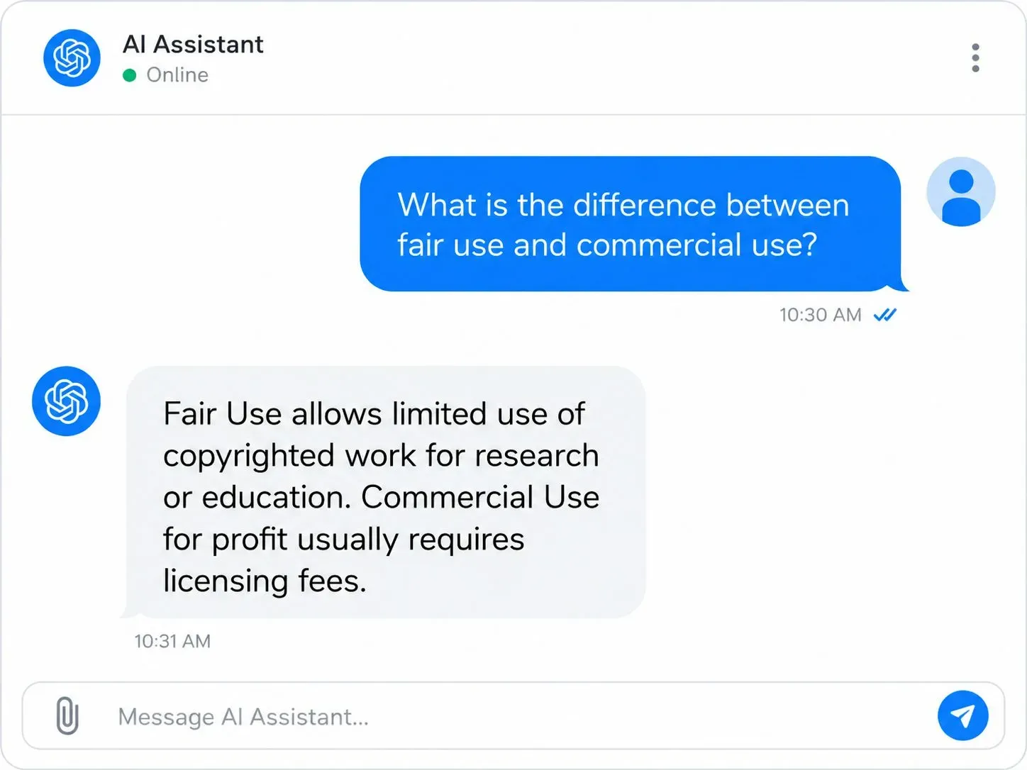 Chat interface explaining the legal concept of fair use in simple terms: 'Fair Use allows limited use of copyrighted work for research or education. Commercial Use for profit usually requires licensing fees.'