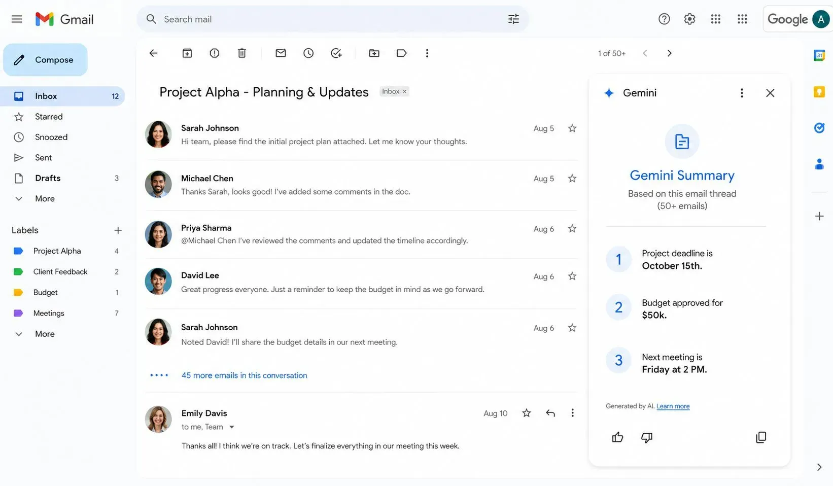 Gemini interface inside Gmail showing a long email thread summarized into 3 key points, allowing the user to catch up on a 50-email conversation instantly.