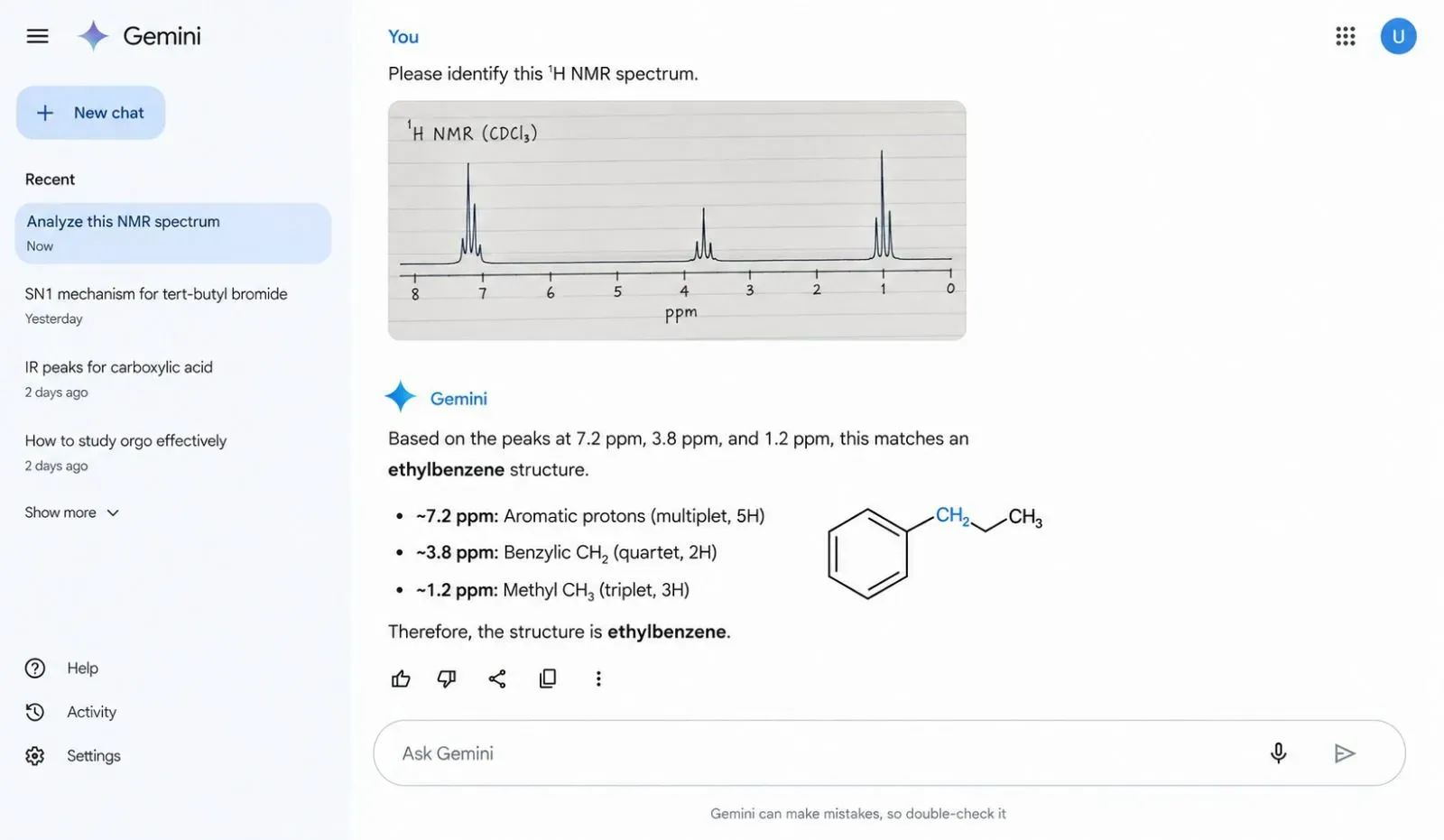 Gemini interface showing a user uploading a photo of a handwritten 1H NMR spectrum, and the AI analyzing the peaks and chemical shifts.