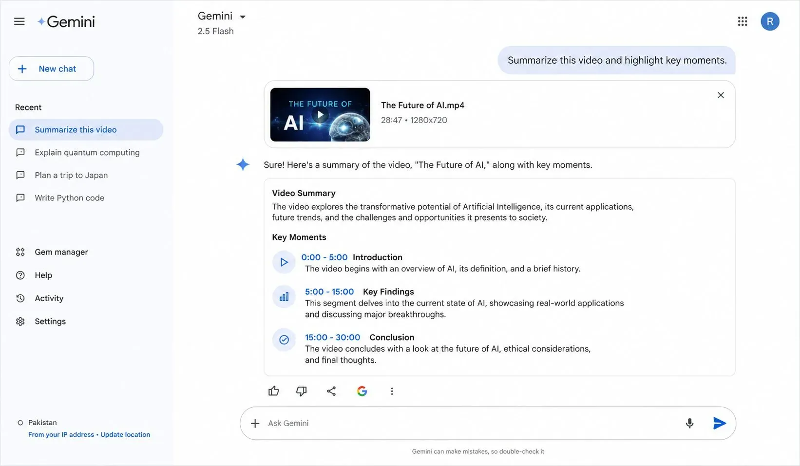 Google Gemini interface showing a user uploading a 2-hour video file and the AI generating a detailed summary with timestamp markers and key topic highlights.