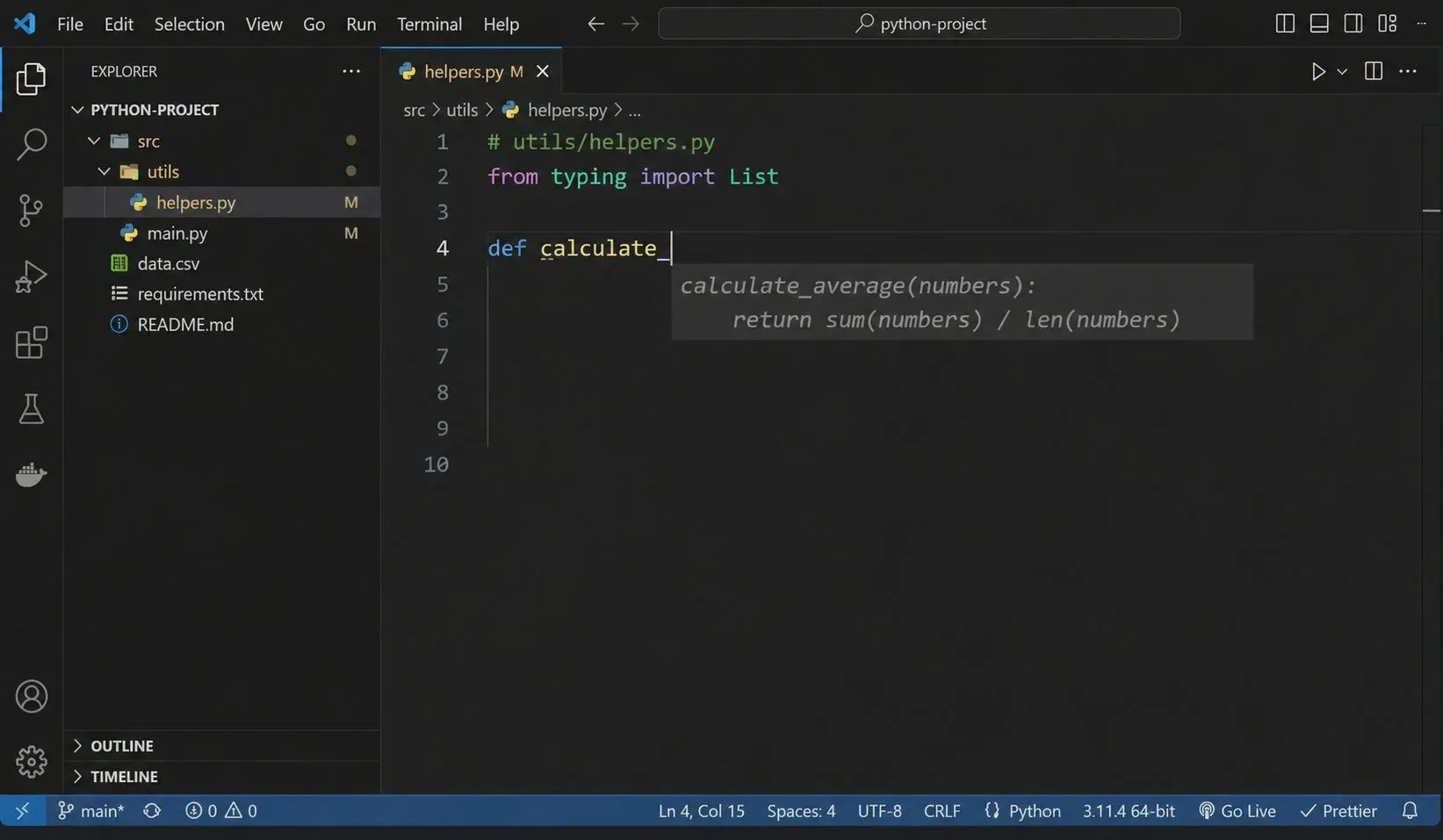 VS Code editor screenshot showing GitHub Copilot autocompleting a Python function. The user types 'def calcu' and the AI suggests the full function definition in gray ghost text.