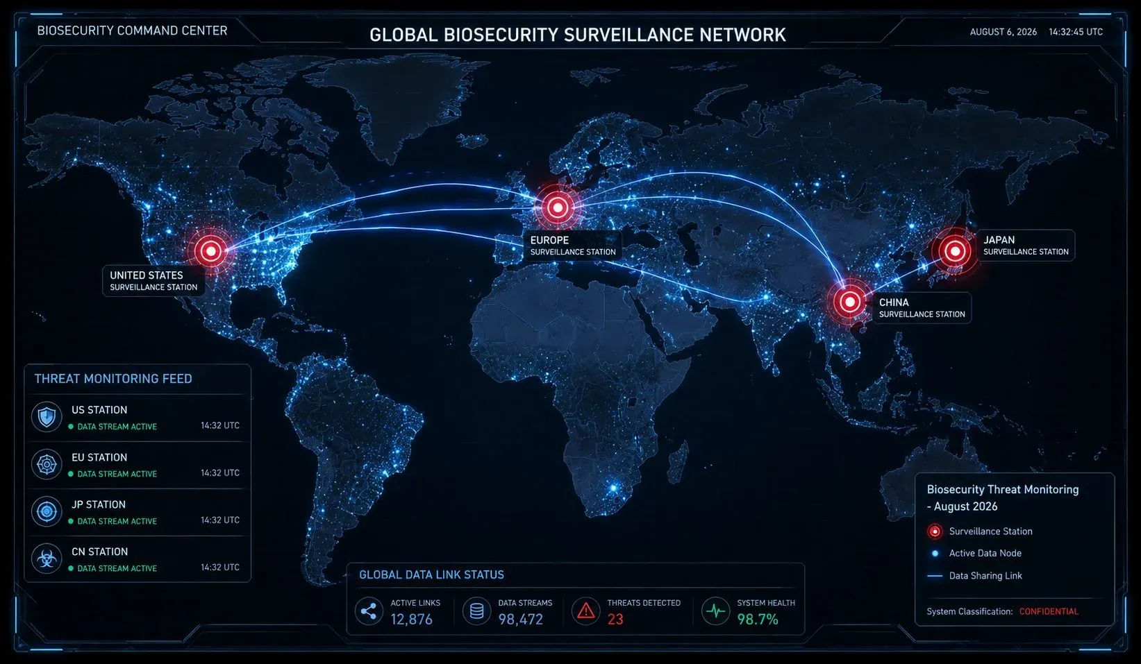 Digital world map showing global biosecurity tracking stations and surveillance networks monitoring AI-designed synthetic pathogens, with hotspots in the US, Japan, and Europe.