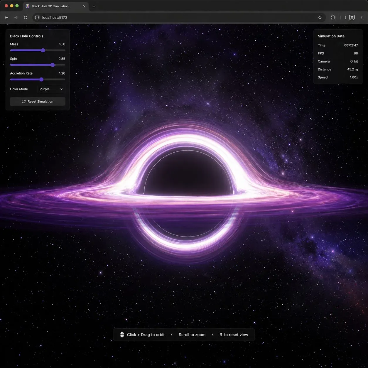Screenshot of a 3D black hole visualization built with Three.js and WebGL shaders, demonstrating the high-fidelity animation output from both Grok 4 and Claude Opus 4.8.