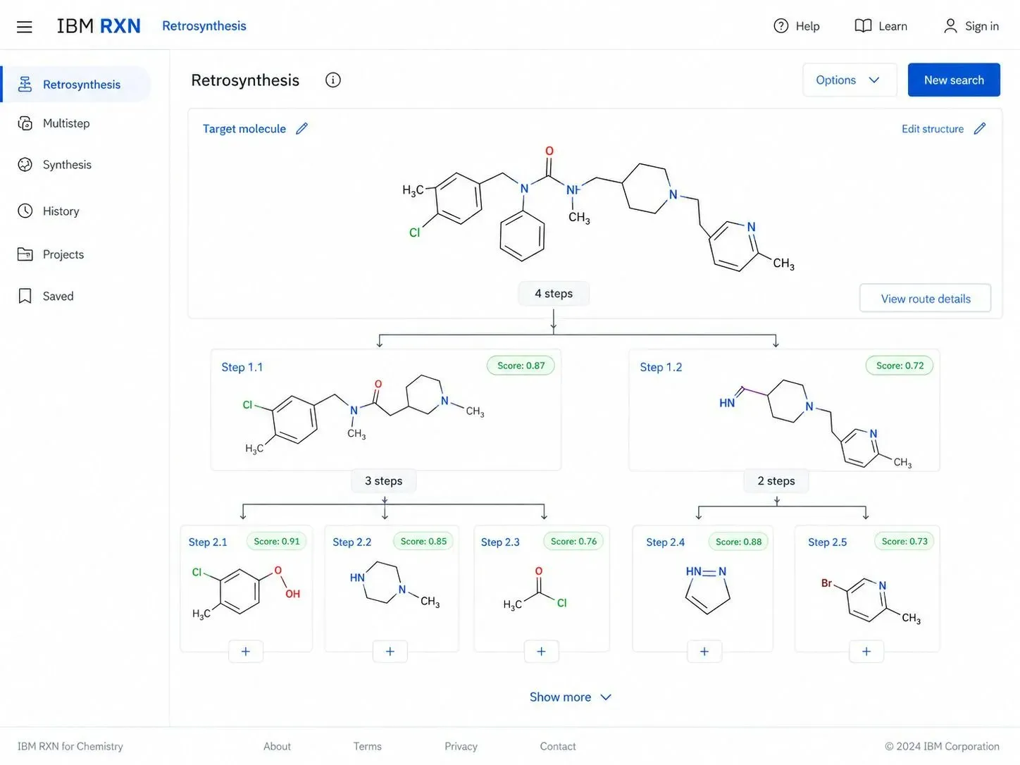 IBM RXN for Chemistry interface showing a retrosynthesis tree for a complex target molecule, mapping out multi-step synthetic routes from commercially available starting materials.