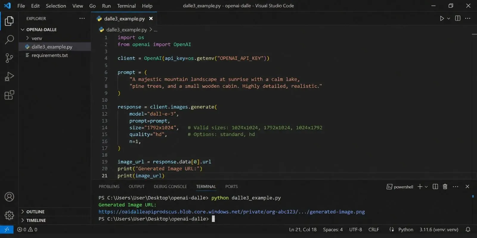 VS Code editor screenshot showing Python code that uses the OpenAI images.generate endpoint with DALL-E 3 to create a cyberpunk city image.