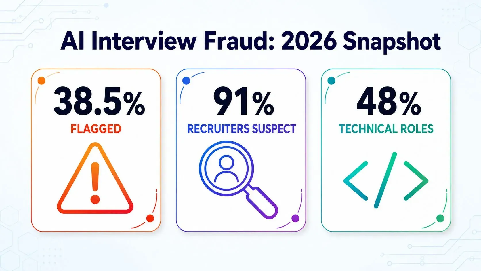 Infographic showing rising interview fraud statistics: 38.5% cheating rate in tech, 91% recruiters suspect AI answers, FBI warnings on deepfakes.