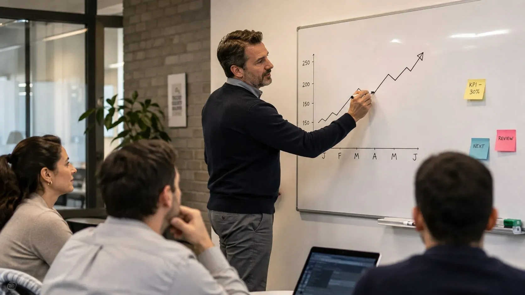 A marketing manager in Chicago training his team on AI tools at a whiteboard, with graphs showing productivity increase.