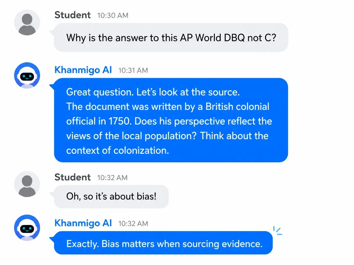 Chat example showing Khanmigo AI acting as a Socratic tutor, guiding an AP World History student through a DBQ sourcing question.