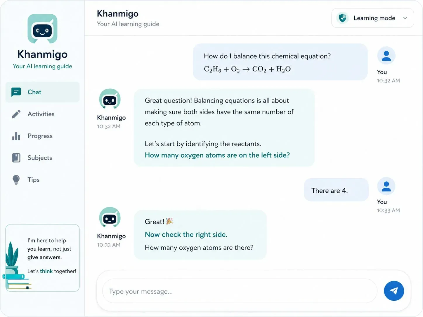 Khanmigo AI tutor interface showing a step-by-step guided conversation helping a student solve a chemistry equation through Socratic questioning rather than giving the final answer.