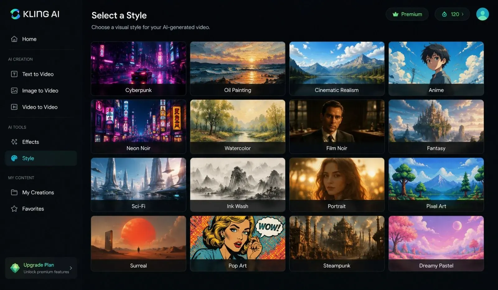 Kling AI interface showing a style selection menu with over 50 visual styles including Cyberpunk, Oil Painting, Cinematic Realism, and Anime, allowing musicians to choose the perfect look for their music video.