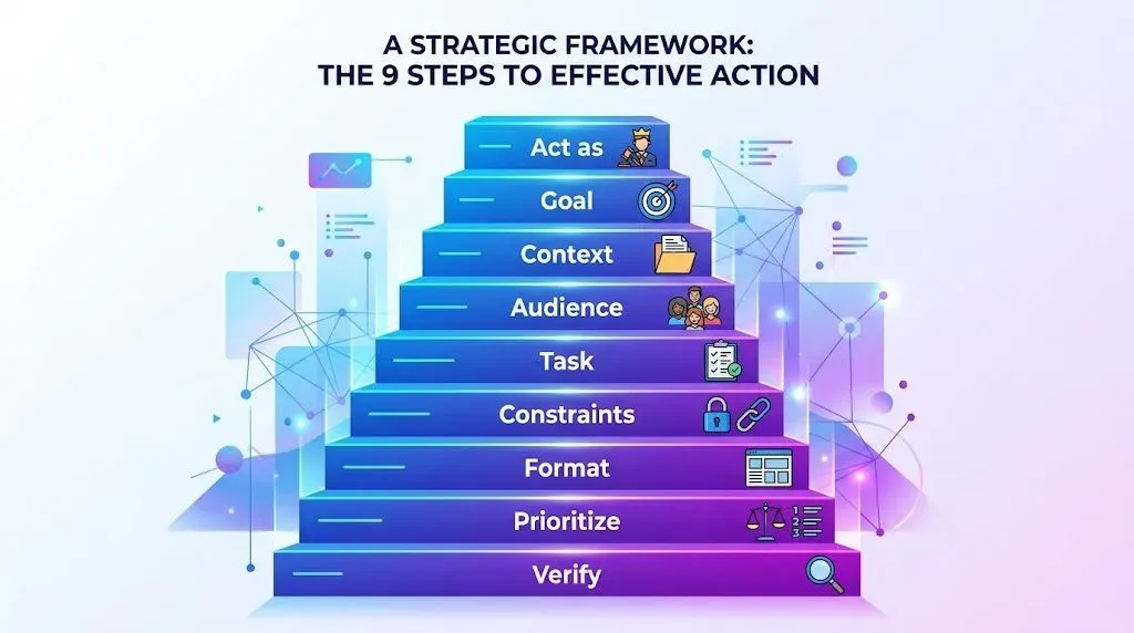 Infographic showing the master prompt framework with 9 keywords combined.